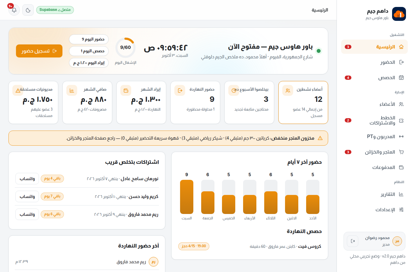 لوحة تحكم داهم جيم — حالة الجيم والحضور والاشتراكات